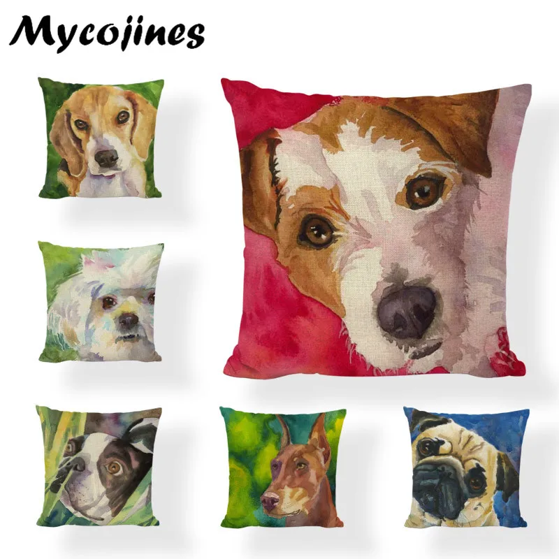 

Oil Painting Dog Cushion Cover Golden Retriever French Bulldog Samoyed Poodle Terrier Pillow Case Home Decorative Pillows Pug