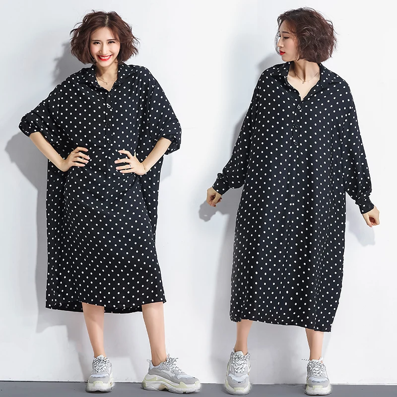 

Plus Size 5XL 2018 Spring Autumn Women Fashion Elegant Dots Blouse Tops Female Ladies Large Big Long Loose Chiffon Blouse Dress