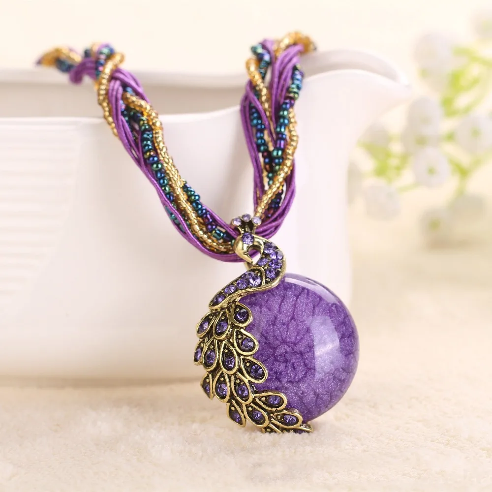 Women Torques Artificial Jewel Strand Crystal Peacock Pendant Necklaces ...