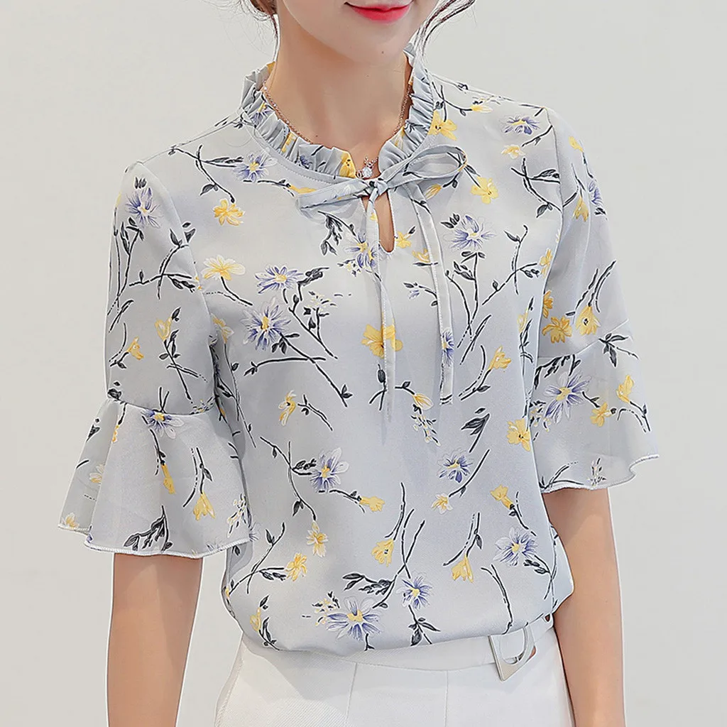 Women Blouse 2019 Women Summer Work Office Flare Sleeve Bow Tie Floral Print Chiffon Tee Shirt Top