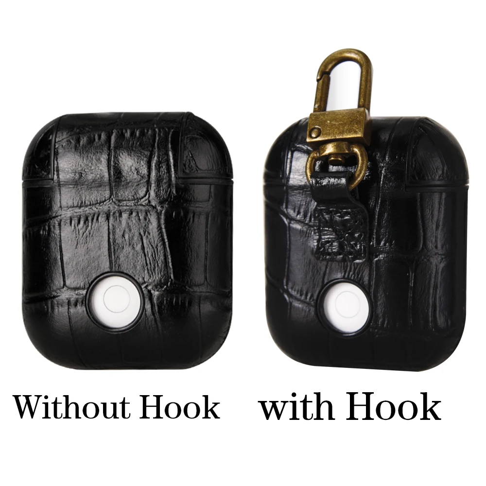 Genuine Leather Case for AirPods Luxury Crocodile Pattern 360 Full Protective Cover Storage Headphone Case with Keychain Hook