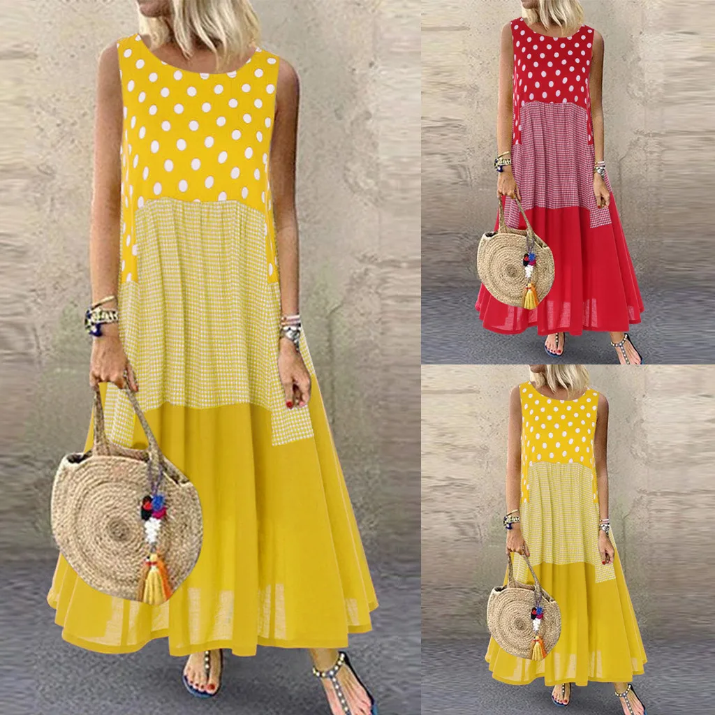 

Bohemian Dress Women Vintage Wave Point Print Dress Sleeveless O-Neck Maxi Dresses Vintage Clothes Sukienki Damskie#35
