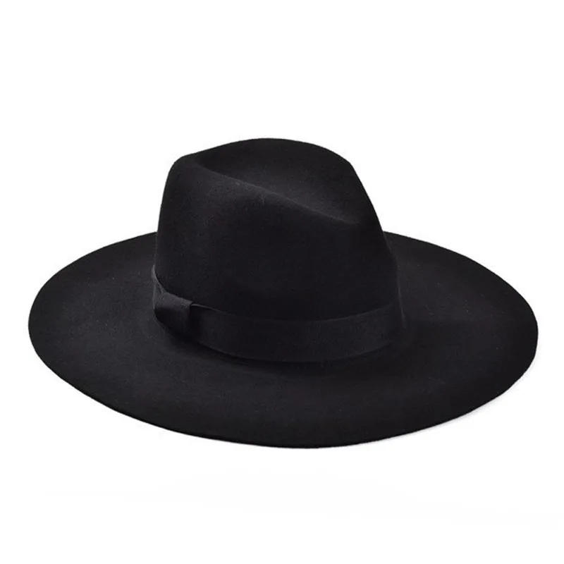 Классическая шерсть фетровая шляпа с большими полями ленты шапки для мужчин и женщин широкополая шляпа