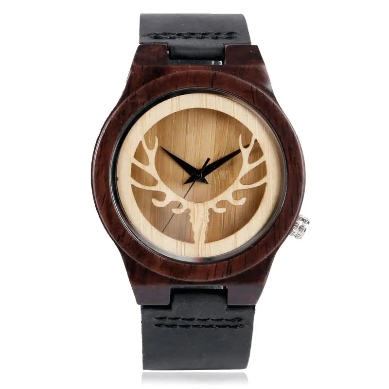 Vintage Wooden Buck Hunting Deer Head Watches Men's Black Leather Band