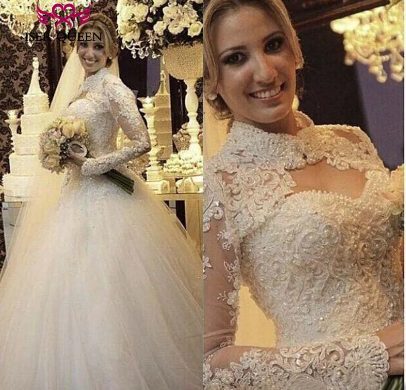 

2019 Custom Made ivory High Neck Beautiful Pearls Beading Long Sleeve Muslim Wedding Dress Ball Gown Bridal Dresses Gown W0355