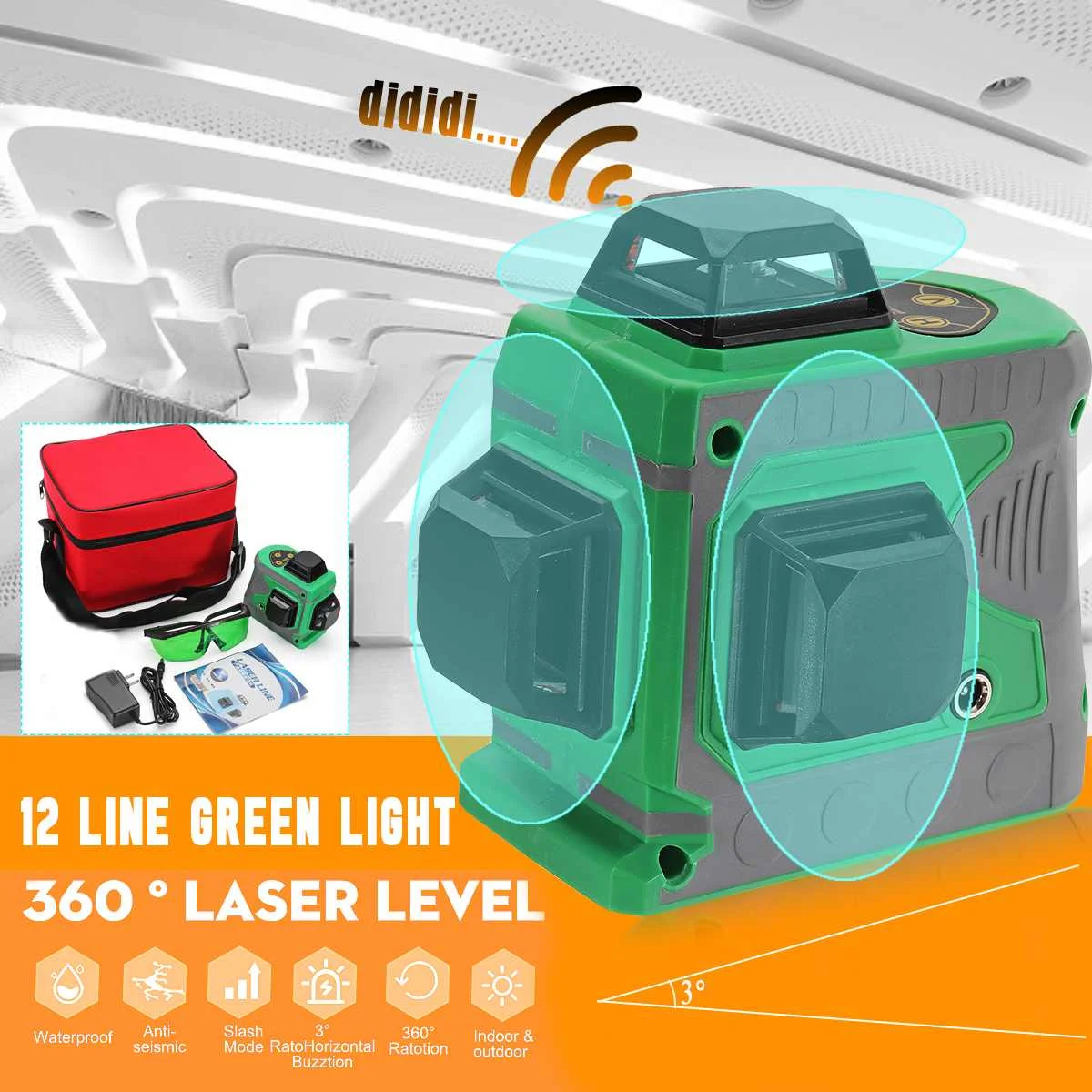 ZEAST 3D 12 Line Green Light Laser Level Auto Self Leveling 360° Rotary Measure Cross AC 100-240V Charger Waterproof IP54