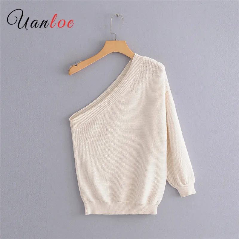 

2019 Solid White Women Sweaters Slash Neck Long Sleeve Clothes Casual Sexy Tops Streetwear Slim One Shoulder Pullover Sweaters