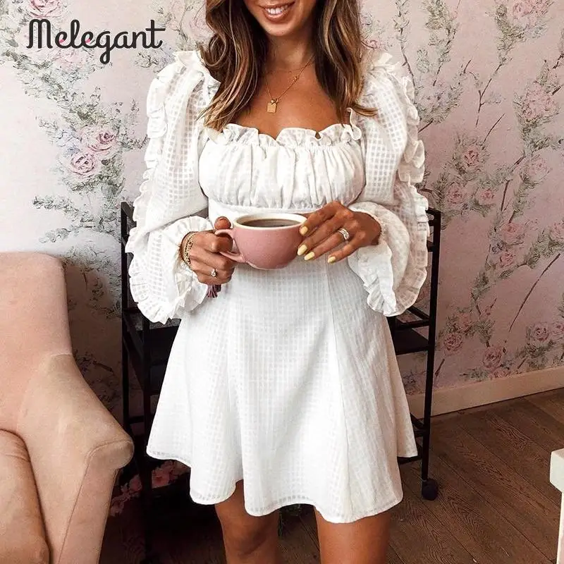 

Melegant Autumn Winter 2019 Elegant White Party Dress Women Casual Ruffle Dress Square Collar Long Sleeve Dresses Vestidos