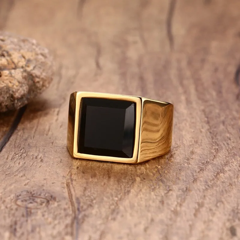 Мужские квадратные кольца-печатки с черным камнем, золотой тон, нержавеющая сталь, деловые, офисные, вечерние, Подарки для него