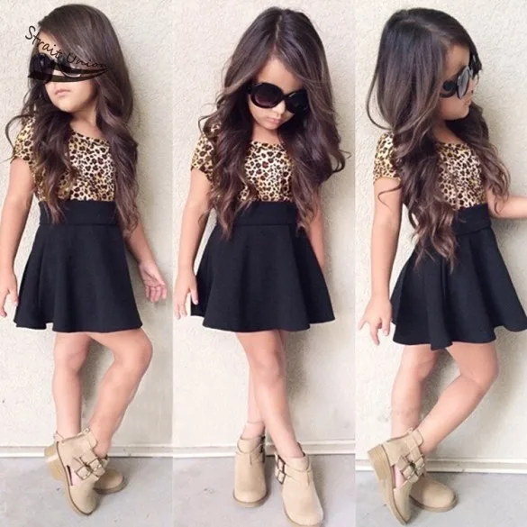 2016 New Summer Kids Girl Leopard Patchwork Short Sleeve High Waist Casual Pleated Children Mini font