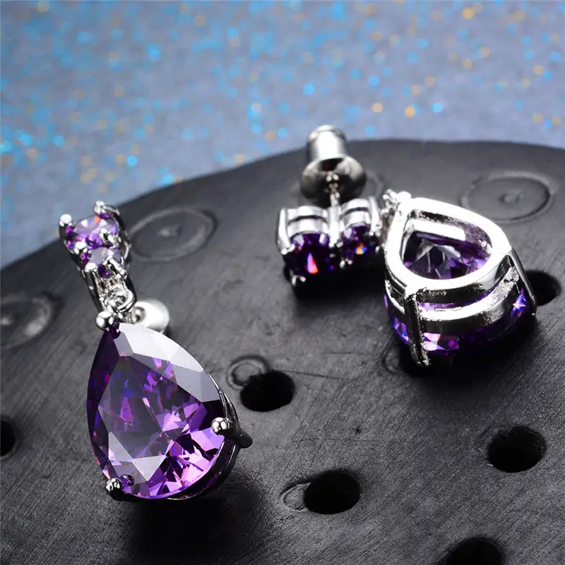 Luxury Female Crystal Water Drop Earrings Fashion 925 Sterling Silver Dangle Earrings Pink Blue Purple Earrings For Women - Окраска металла: Amethyst