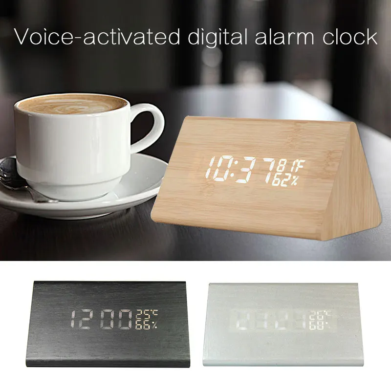 

Nordic Wood LED Thermometer Alarm Clock Voice Control Electronic Digital Table Calendar
