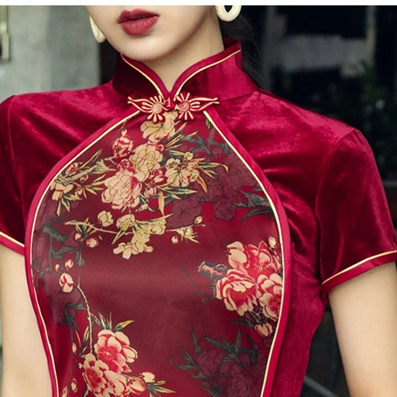 Китайское стильное платье Cheongsam Qipao бархатное лоскутное платье с разрезом миди элегантные китайские платья вино сексуальное восточное платье FF1751