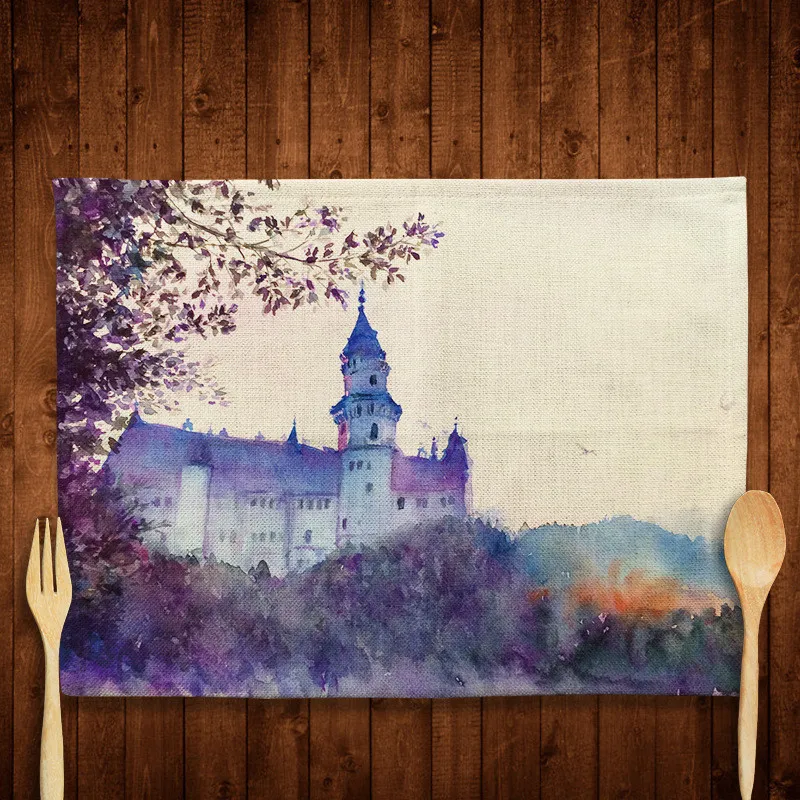 1Piece Castle Pattern Linen Table Mats Western Bowl Pad Non-slip Placemats For Dining Kitchen Accessories Table Coaster