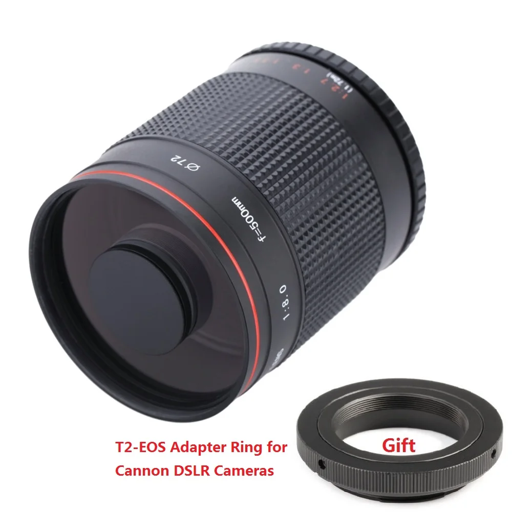 Manual 500mm F8 Telephoto Mirror Lens dengan T2-EOS Adapter Ring untuk Canon 80D 77D 70D 60D 7D 5D Mark II 750D 700D 650D 1200D 100D