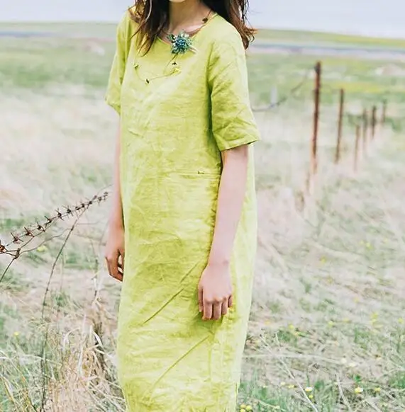 

Green Long Linen Summer Women Dresses Summer O Neck Women Dresses