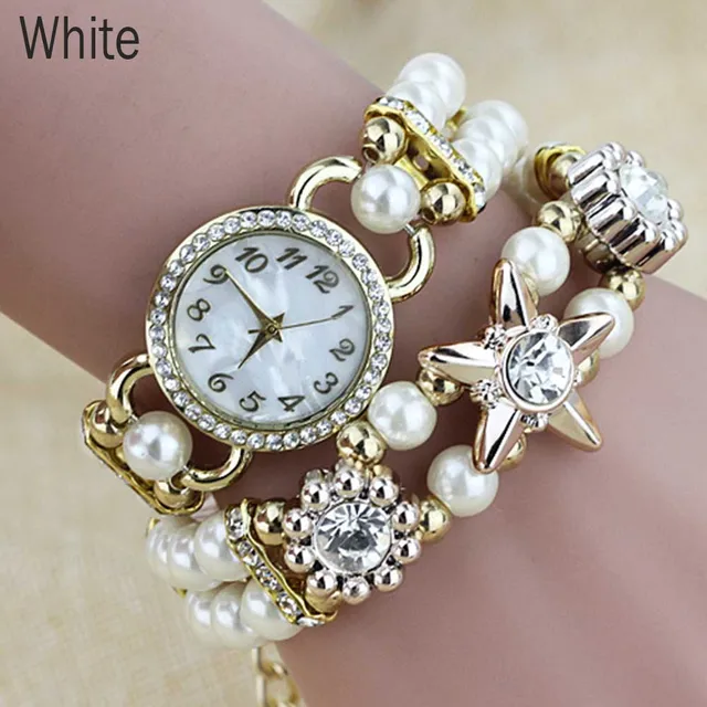 Female Faux Pearl Bracelet Watches Ladies Quartz Wrist Watch with Sweet
