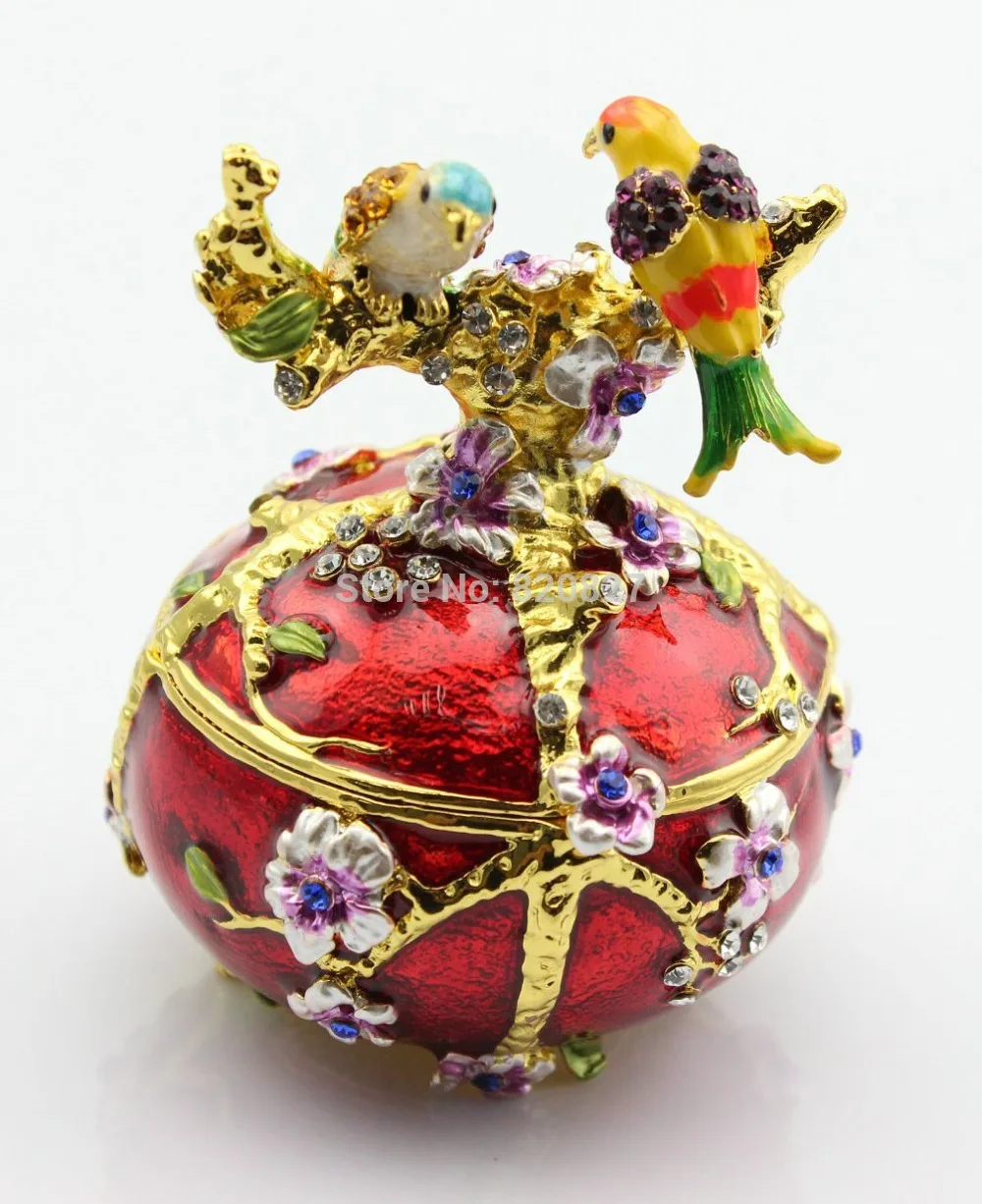 Vintage Hand Painted Love Birds Faberge Egg Rhinestone Jewelry Trinket Box Double Bird Jewelry Box