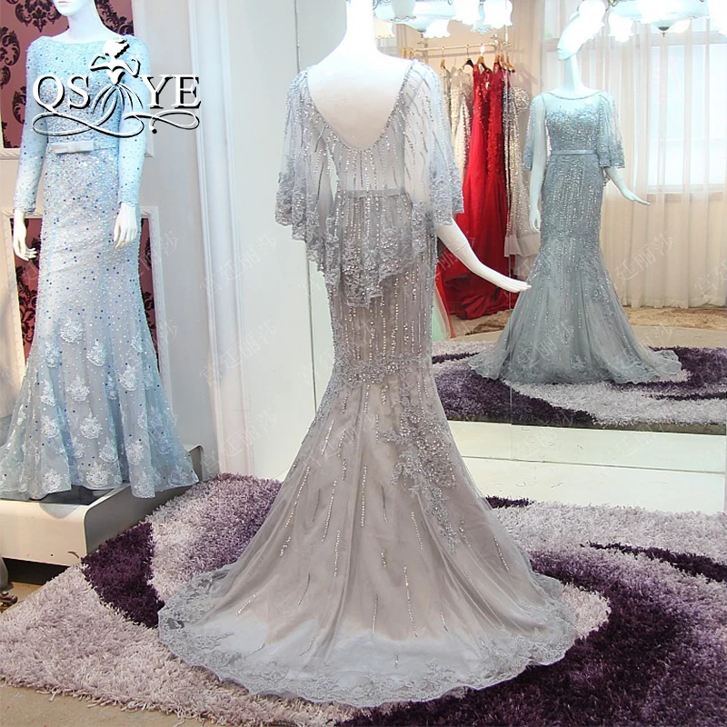 Vestido de festa 2017 настоящие фото Серые Вечерние платья Русалочки с бусинами и накидкой