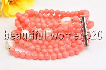 

Z8465 6Strands 4mm Pink round Coral White Baroque pearl Bracelet Magnet 8inch