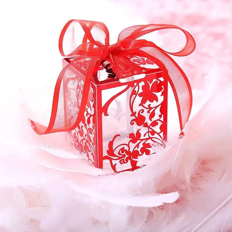 Коробка для конфет, 50 шт., для свадьбы, золотой, большой размер, новинка, прозрачная, 6 цветов, розовый, темно-зеленый, ПВХ, коробки для конфет, лента, подарок для гостя - Цвет: red 2
