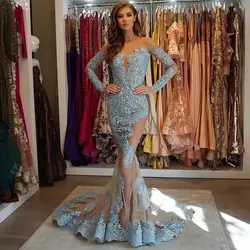 Потрясающие Русалка Вечерние платья с длинным рукавом аппликация кружево выпускное платье 2019 Sheer Назад vestido longo festa