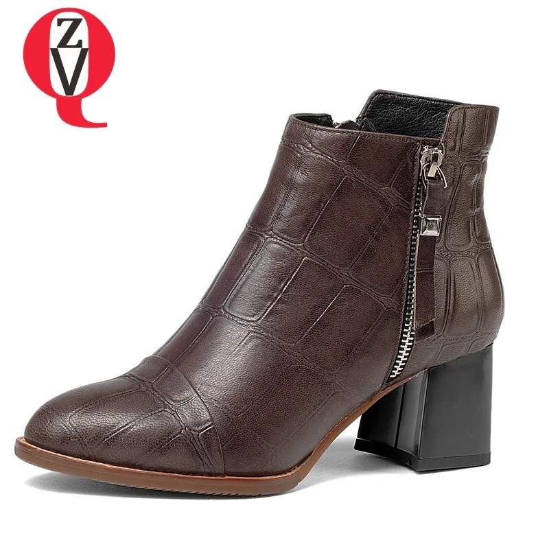 

ZVQ newest genuine leather pointed toe zipper high hoof heels black ad brown heel height 6 cm large size fashion sexy lady boots