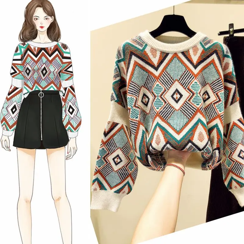 

Ins lazy sweater O-Neck geometric Pullovers loose Knitted Shirts Long Flare Sleeved Long Sleeved High Waist tops