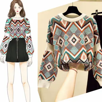 

Ins lazy sweater O-Neck geometric Pullovers loose Knitted Shirts Long Flare Sleeved Long Sleeved High Waist tops