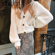 Afogatoo, сексуальный вязаный белый свитер с v-образным вырезом, кардиган, Женский Повседневный Кардиган с пуговицами, рукав «летучая мышь», элегантный осенний женский свитер, Топ