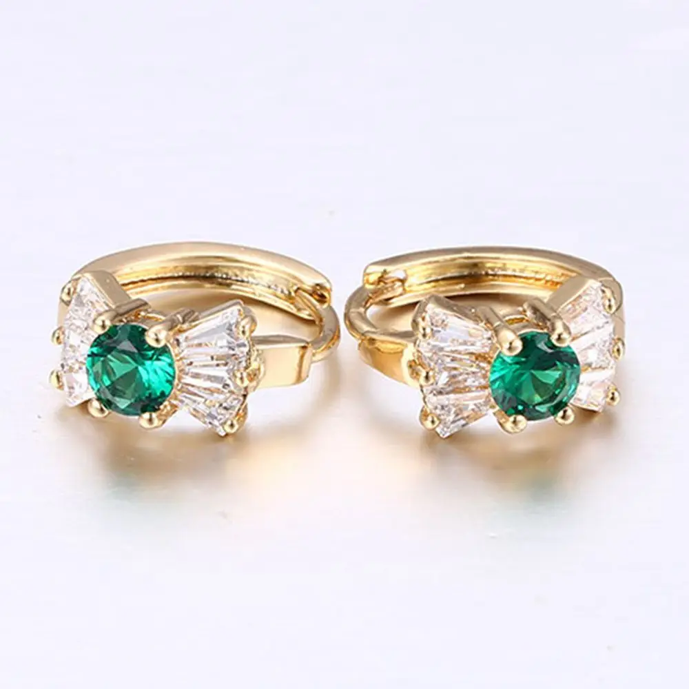 Lovely Exquisite Bow Hoop Earrings Inlaid Green Zirconia Yellow Gold Filled Girls Children Small Earrings Gift