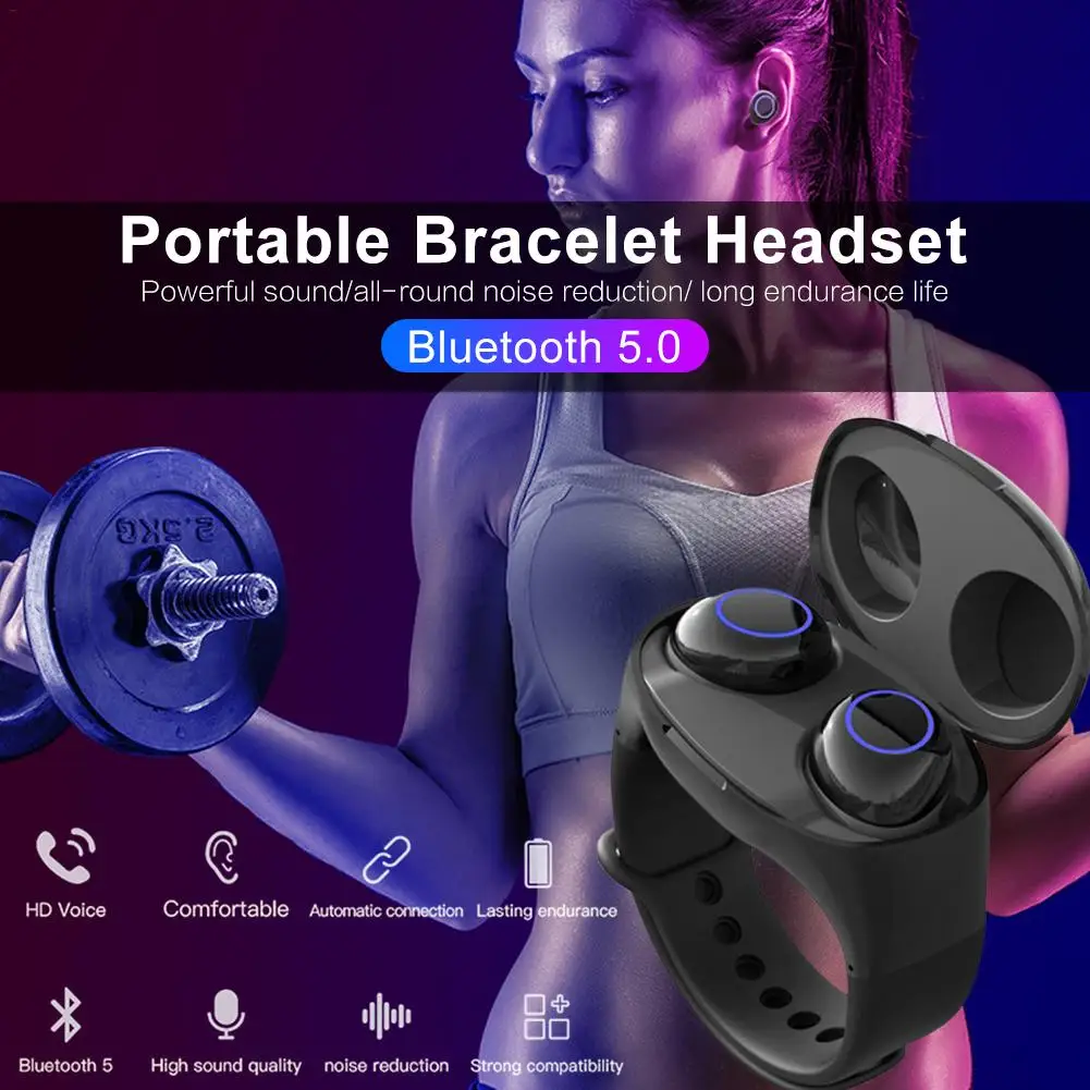 TWS Bluetooth 5,0 браслет наушники Портативный HIFI мини полный экран блок беспроводной фитнес часы Хранение зарядных устройств стерео гарнитура