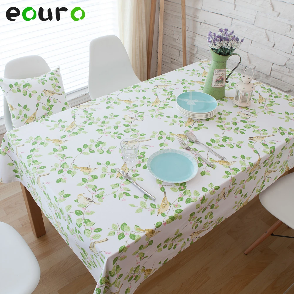 Natural green flower and bird pattern Cotton Table Cloth Tablecloths