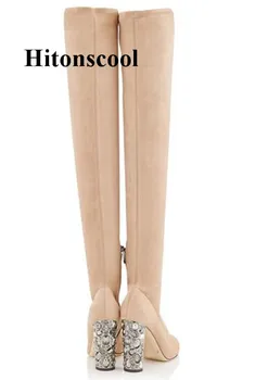 

New Sexy Ladies Thigh High Heel Boots Women Suede Over The Knee Rhinestones High Heels Crotch Shoes Woman zapatos de mujer