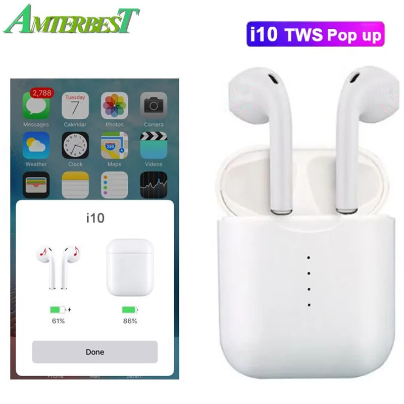 

AMTERBEST Handsfree Headphones I10 TWS Bluetooth Earphone Latest 5.0 True Wireless Earbuds 2-3Hours Play Time for Smartphones