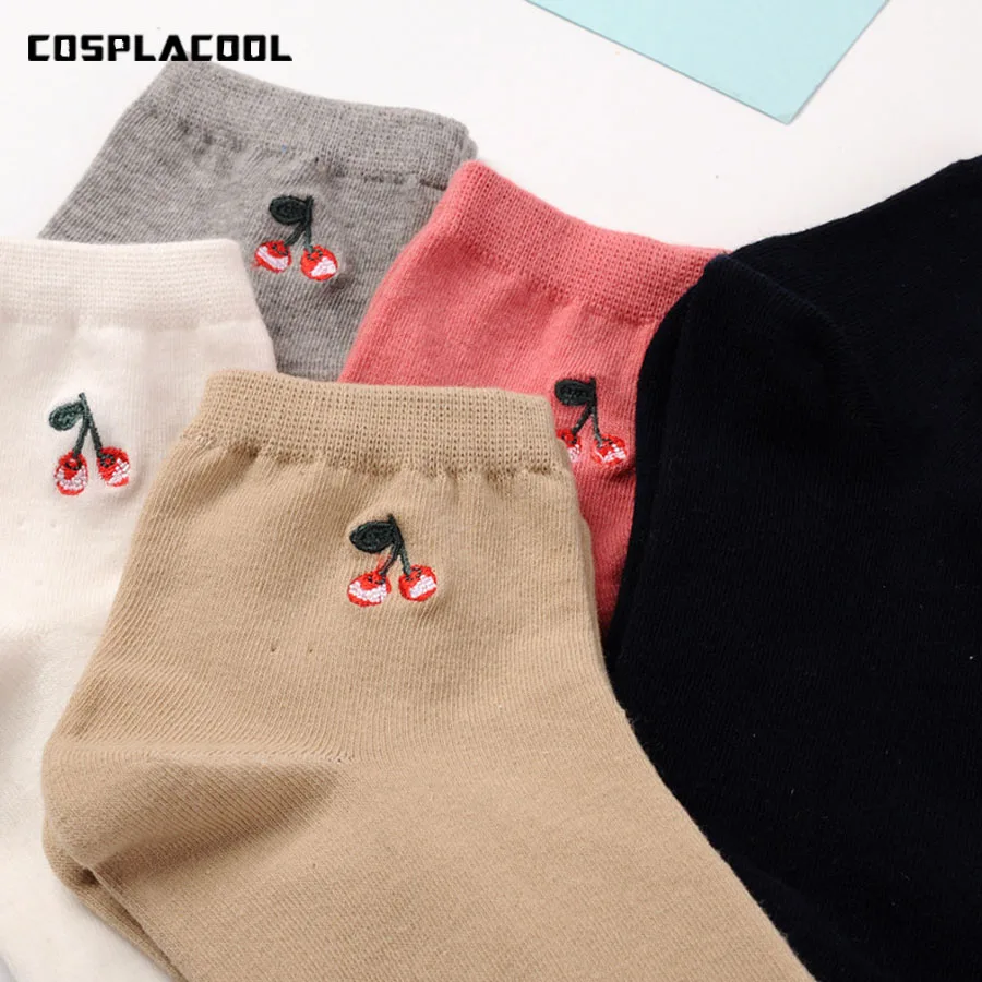 [COSPLACOOL] Новое поступление, милые женские хлопковые носки с вышивкой вишни, Harajuku, однотонные повседневные носки для девочек, 5 цветов, Meias
