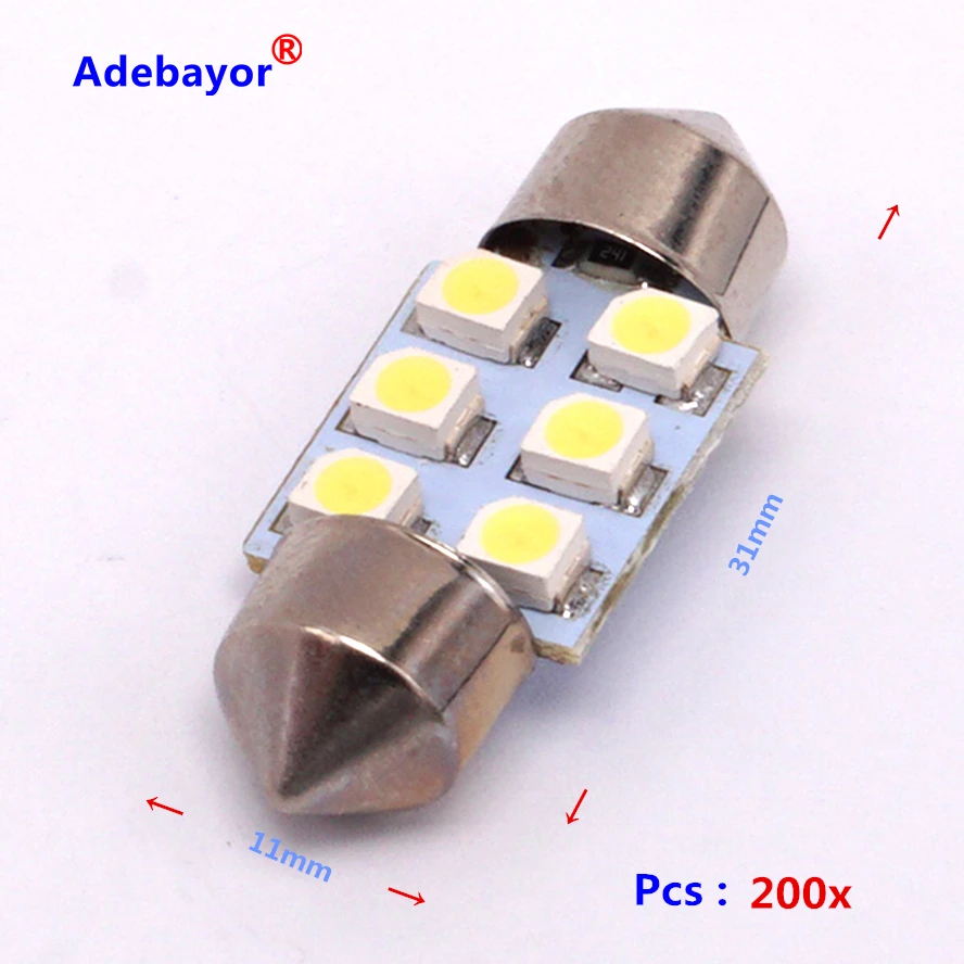 200 шт. 31mm1210 SMD 6 светодиодный купол с фестонами автомобильный светильник лампа инструментальная лампа путь светильник ing белый 12V