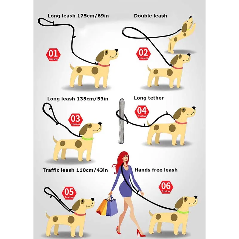 Best Truelove 7 In 1 Multi Function Adjustable Dog Lead Hand Free Pet Training Leash Reflective Multi Purpose Dog Leash Walk 2 Dogs