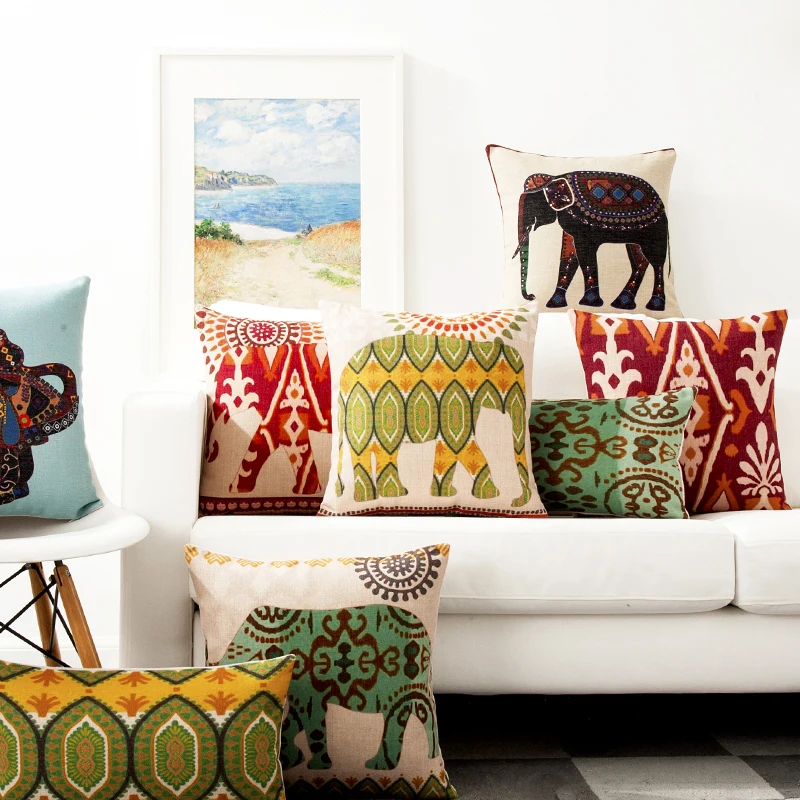 Animal Retro Neoclassical Elephant Pillow Cover Solid Red Yellow Geometric Cushion Home Decorative PillowCase |