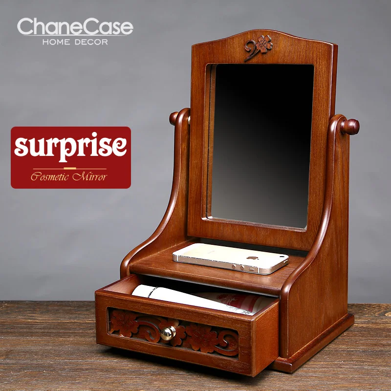 Wooden desktop Cosmetic mirror organizer decoration with 1 drawer Solid
