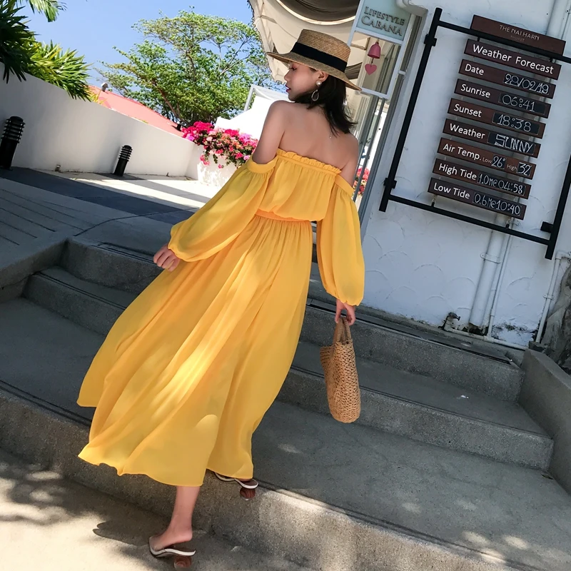 Summer Women Yellow Long Beach Dress Halter Off Shoulder Casual Elegant Korean Vacation Tropical Red Dress Vintage Sexy Sundress Summer Women Yellow Long Beach Dress Halter Off Shoulder Casual Elegant Korean Vacation Tropical Red Dress Vintage Sexy Sundress