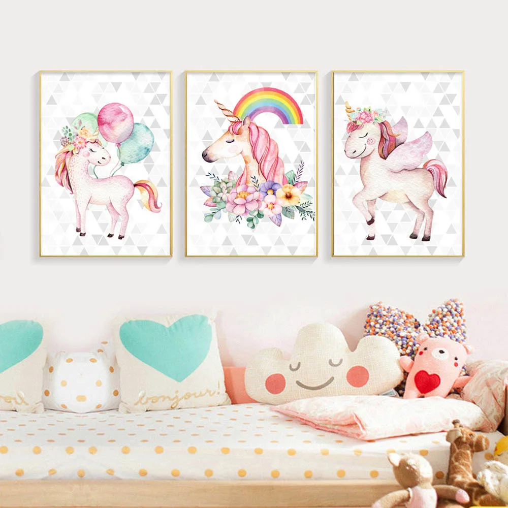 

Flower Unicorn Rainbow Wall Art Canvas Painting Baby Room Decor Cartoon Nordic Poster Wall Pictures For Living Room Unframed