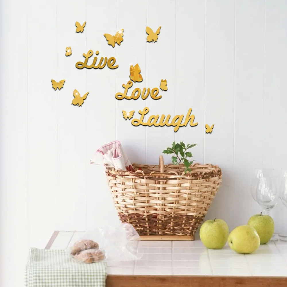 Live Laugh Love Mirrorlike Wall Stickers Mirrored Quotes Butterly Home Decoration Wall Art Decals Mirror Surface