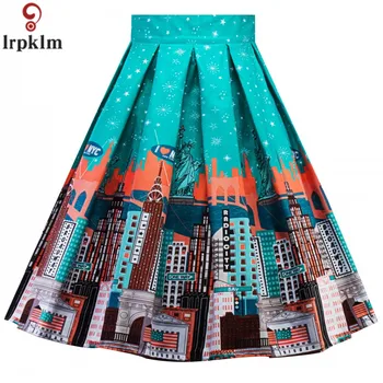 

2018 Fashion Woman Skirts Europe The Lnited States Christmas Printing Wave Large Size Skirt Spring Autumn Wild Skirt LZ784