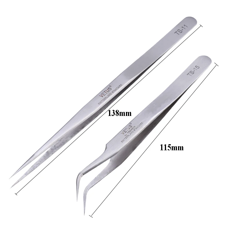 Precision Tweezers Tweezer Tool High Precision Tweezers Pinzette Forceps Stainless Steel Curved Straight VETUS Tweezer TS-11 TS-15