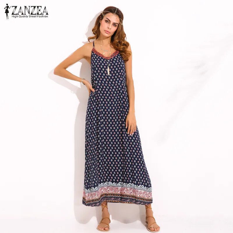 

2019 ZANZEA Summer Boho Floral Print Women V Neck Spaghetti Straps Casual Party Beach Backless Maxi Long Dress Vestido Plus Size