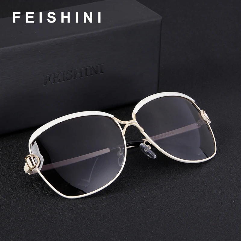 FEISHINI, белые, высокое качество, модные, для вождения, Oculos De Sol Feminino, большая оправа, металл, Винтажные Солнцезащитные очки, для женщин, Поляризованные, бренд