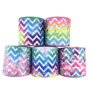 

New arrival 3 '' 75mm wholesale hologram foil chevron with rainbow grosgrain ribbon, ,100yard/lot