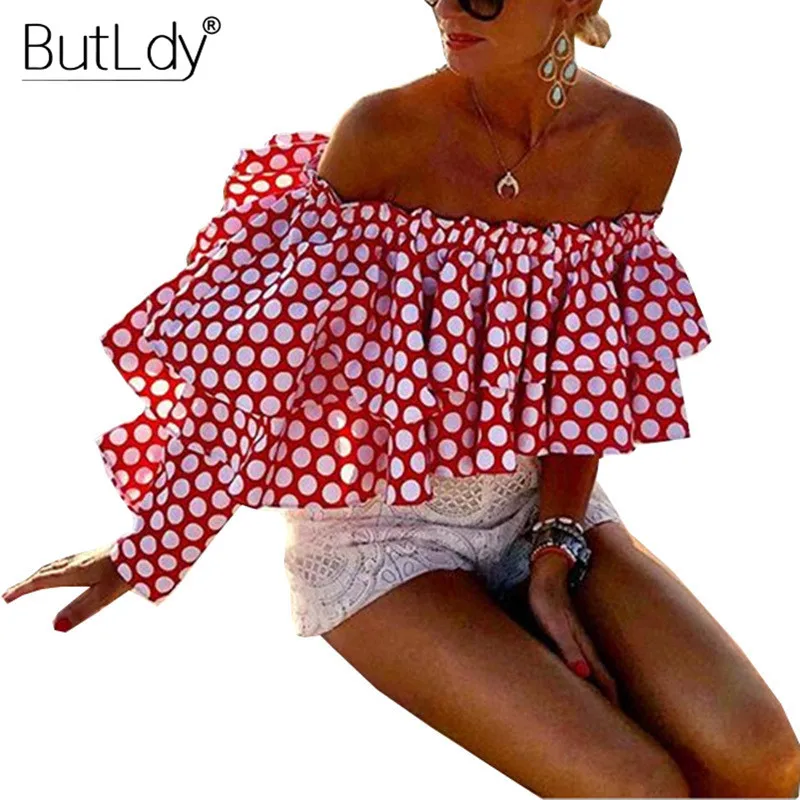  Ruffles Polka Dot Short Shirt Women Sexy Off Shoulder Strapless Crop Tops and Blouses Summer 2019 L