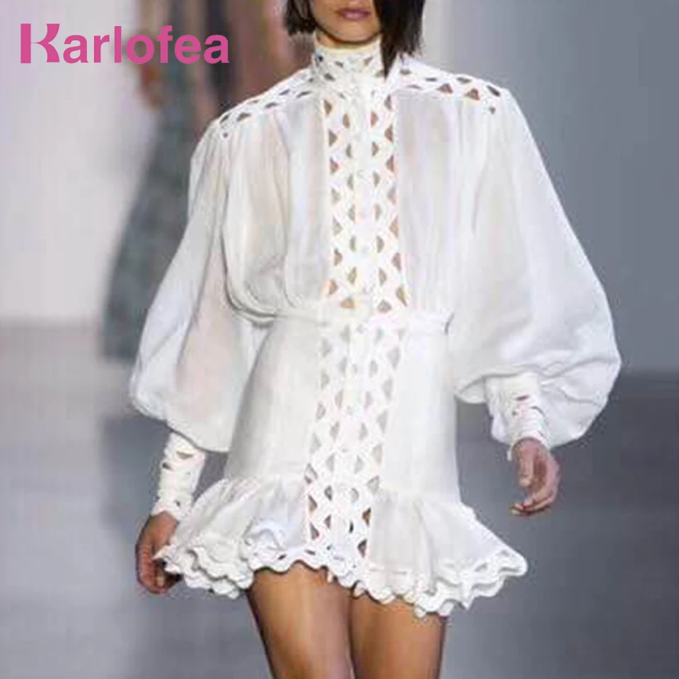 

Karlofea Lady Runway White Black Shirt Mini Dress Chic Ruffle Wrap Bodycon Dress Autumn Lantern Long Sleeve Elegant Outfit Dress